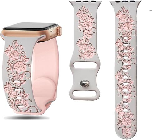 Rose engraved strap, compatible Apple for iWatch strap 38mm 40mm 41mm 42mm 44mm 45mm 49mm, ladies, designer soft glossy floral silicone strap, for the iWatch series Ultra 9,8,7,6,SE,5,4,3,2,1 in Saudi Arabia