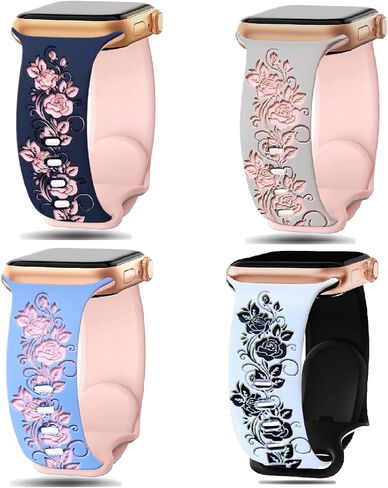 Rose engraved strap, compatible Apple for iWatch strap 38mm 40mm 41mm 42mm 44mm 45mm 49mm, ladies, designer soft glossy floral silicone strap, for the iWatch series Ultra 9,8,7,6,SE,5,4,3,2,1 in Saudi Arabia