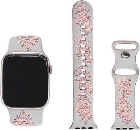 Rose engraved strap, compatible Apple for iWatch strap 38mm 40mm 41mm 42mm 44mm 45mm 49mm, ladies, designer soft glossy floral silicone strap, for the iWatch series Ultra 9,8,7,6,SE,5,4,3,2,1 in Saudi Arabia