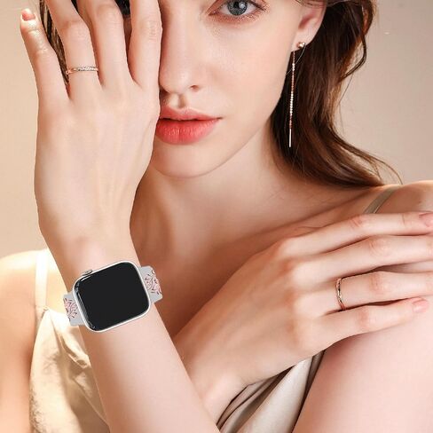 Rose engraved strap, compatible Apple for iWatch strap 38mm 40mm 41mm 42mm 44mm 45mm 49mm, ladies, designer soft glossy floral silicone strap, for the iWatch series Ultra 9,8,7,6,SE,5,4,3,2,1 in Saudi Arabia