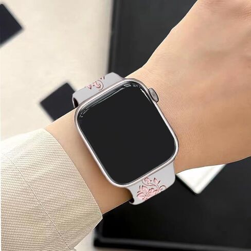 Rose engraved strap, compatible Apple for iWatch strap 38mm 40mm 41mm 42mm 44mm 45mm 49mm, ladies, designer soft glossy floral silicone strap, for the iWatch series Ultra 9,8,7,6,SE,5,4,3,2,1 in Saudi Arabia