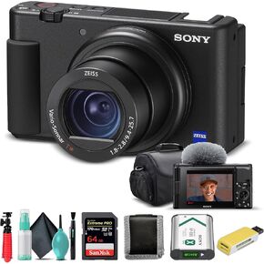Sony ZV-1 Digital Camera Black DCZV1/B, 64GB Memory Card, Card Reader, Deluxe Soft Bag, Flex Tripod, Memory Card Wallet, Cleaning Kit