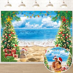 July Christmas Backdrop 8x6FT for Photography Summer Beach Christmas Tree Decoration Background Tropical Hawaiian Xmas Party Supplies Photo Props