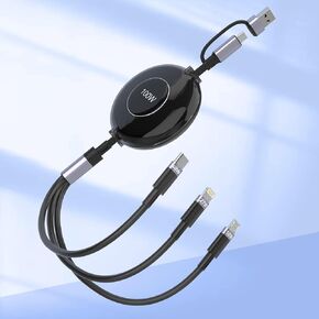 100W USB C to Multi Charging Cable, iPhone 15 Retractable Charging Cable with Type C 60W+IP 27W+Micro USB 10W Multi Phone Charger for iPhone 15 14 13 12/Samsung S24 S23/Pad/MacBook/Tablet 4FT Black