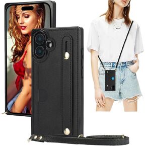 Ysnzaq Crossbody Wallet Case for Apple iPhone 16, Adjustable Long Lanyard with Card Slot Holder Phone Cover for Apple iPhone 16 WD Black