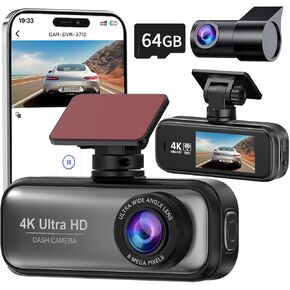 4K WiFi Dash Cam Front and Rear, 2160P+1080P Dual Lens Dash Camera for Cars, 1.97" Display Car Camera, 24H Parking Mode, G-Sensor, Loop Recording, 170° Wide Angle, Free 64GB SD Card