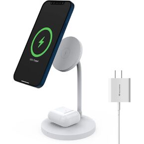 Techsmarter 2-in-1 Magnetic Wireless Charging Stand with 20W USB-C Wall Charger & 5ft USB-C Cable. Compatible with iPhone 12, 13, 14 and Headphones/Airpods with Wireless Charging Case.