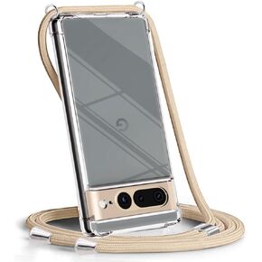 Crossbody for Google Pixel 7 Case,Necklace Mobile Phone Cover with Cord Strap Adjustable Length Lanyard Rope Shockproof Hands-Free Clear Phone Cover for Google Pixel 7-Beige