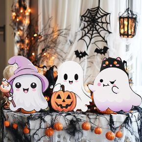 Halloween Decorations Indoor 5 PCS Cute Ghost Decorations Indoor Tray Decor Table Sign Set Cat Bat Witch Broom Signs Pumpkin Blocks for Party Home Shelf Display