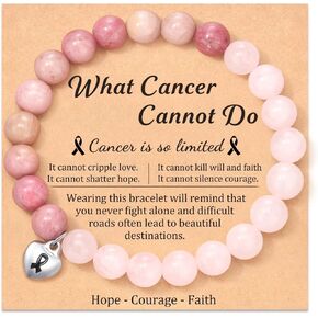 JQVLOVE Breast Cancer Awareness Gifts, Ribbon Natural Stone Bracelets, Inspirational Cancer Gifts for Women Girls