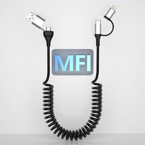 4 in 1 USB to USB C and Lightning Cable 60W - Coiled Cable for Apple CarPlay and Android Auto Car iPhone Charger Cord Fast Charging & Data Sync, iPhone and USB C Cable for iPad/Phone/Laptop, 3Ft