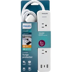 Philips EZFit 3-Outlet Adapter-Spaced Surge Protector, 6ft Braided Cord, Power Strip, Extension Cord with 2 USB-A and 1 USB-C, 490J, White, SPP3863W/37