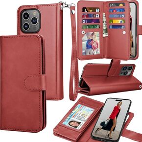 Tekcoo Wallet Case Compatible with iPhone 16 Pro Max (6.9 inch) 2024 Luxury ID Cash Credit Card Slots Holder Carrying Pouch Folio Flip PU Leather Cover [Detachable Magnetic Hard Case] Strap [Red]