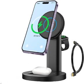 محطة شحن لاسلكية لشاحن Apple، حامل شاحن مغناطيسي سريع 15 وات 3 في 1 لهاتف iPhone 15 14 13 12 سلسلة Apple Watch AirPods أجهزة متعددة، زاوية قابلة للتعديل، هدايا (أسود) in Kuwait