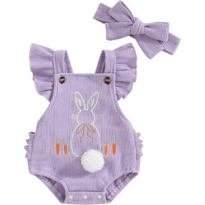 Fanvereka Newborn Baby Girls Rainbow Rompers Sleeveless Summer Ruffle Bodysuit Denim Rib Jumpsuit Headwear 2pcs Outfit