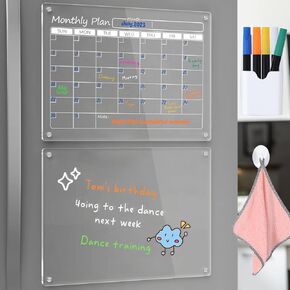 Dinner Menu Board for Kitchen, Acrylic Magnetic Monthly Calendar & Menu Board for Fridge, 2 Set 12''x16'' Clear Dry Erase Board Calendar for Fridge Planner Boards Includes 6 Markers & Pen Holder