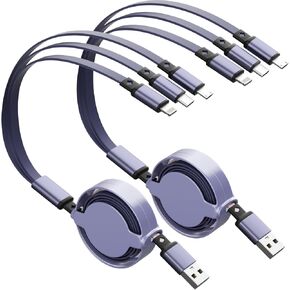 IDISON Multi Charging Cable [2Pack 3.3ft] Retractable Multi Charging Cord 3 in 1 Charger Cable Cord Multi USB Cable with IP/Type C/Micro USB Port for Cell Phones/Samsung Galaxy/PS/Tablets/More-Purple