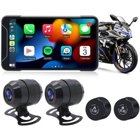 Geloo Motorcycle Dash Camera Support Wireless Apple Carplay & Android Auto, 1080P Lens Motorcycle Dash Cam Front and Rear with TPMS, GPS, WiFi, Wireless 5’’ IPS Touch Screen Motorcycle DVR