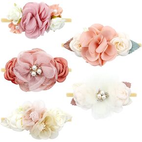 Cinaci 5 Pack White Pink Delicate Rose Flower Nylon Headbands Floral Hair Bows Daisy Flowers Headband Elastic Hair Bands Easter Christmas Hair Accessories for Baby Girls Newborns Infants Toddlers Kids
