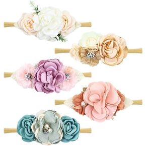 Cinaci 5 Pack White Pink Delicate Rose Flower Nylon Headbands Floral Hair Bows Daisy Flowers Headband Elastic Hair Bands Easter Christmas Hair Accessories for Baby Girls Newborns Infants Toddlers Kids in Saudi Arabia