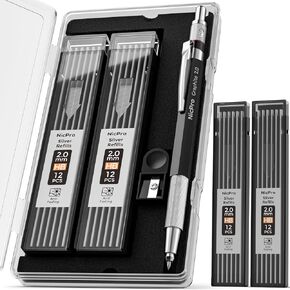 Nicpro 2mm Welder Mechanical Pencil Set with 48PCS Silver Refills, 2PCS Metal Lead Holder, Carpenter Pencil with Sharpener for Welding, Cutting, Woodworking, Metals Alloys Wood Leather Material