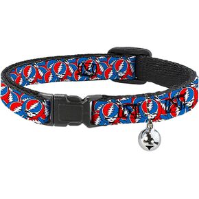 Grateful Dead Breakaway Cat Collar with Bell, Easy Adjustable, Steal Your Face Logo Stacked Red White Blue, 8.5 to 12 Inches 0.5 Inch Wide