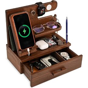 TESLYAR Wood Phone Docking Station with Drawer - Desk Accessories & Workspace Organizer - Nightstand organizer - Birthday gifts for Men or Dad - Idea for Anniversary - Key Holder Stand Watch (Brown)