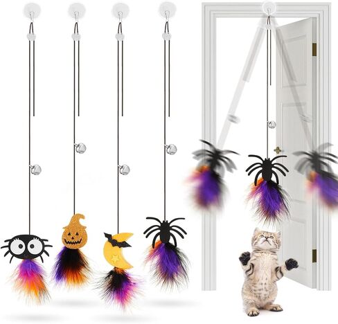 4 Pcs Halloween Cat Toy Hanging Door Interactive Halloween Cat Feather Toys with 74.8 Inch Long Elastic Rope Retractable Kitten Toys with Bell for Halloween Indoor Cats Kitten, 4 Styles in Saudi Arabia
