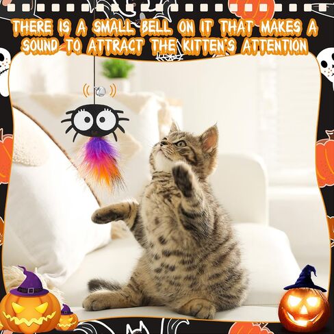 4 Pcs Halloween Cat Toy Hanging Door Interactive Halloween Cat Feather Toys with 74.8 Inch Long Elastic Rope Retractable Kitten Toys with Bell for Halloween Indoor Cats Kitten, 4 Styles in Saudi Arabia