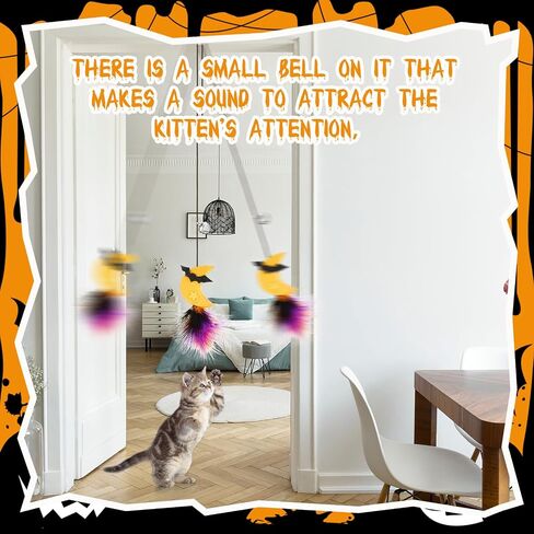 4 Pcs Halloween Cat Toy Hanging Door Interactive Halloween Cat Feather Toys with 74.8 Inch Long Elastic Rope Retractable Kitten Toys with Bell for Halloween Indoor Cats Kitten, 4 Styles in Saudi Arabia