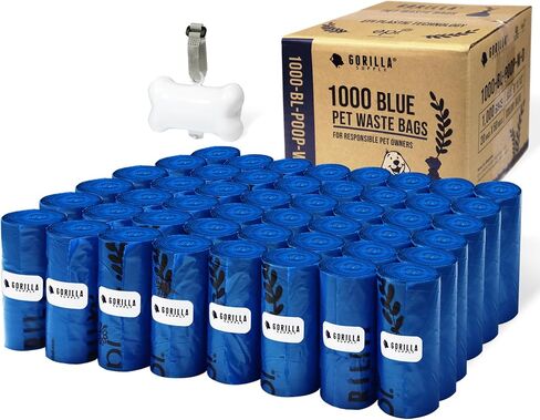 GORILLA SUPPLY 1000 Dog Poop Waste Bags with Dispenser and Leash Tie, 9" x 13", Blue, 1000 Count in Kuwait