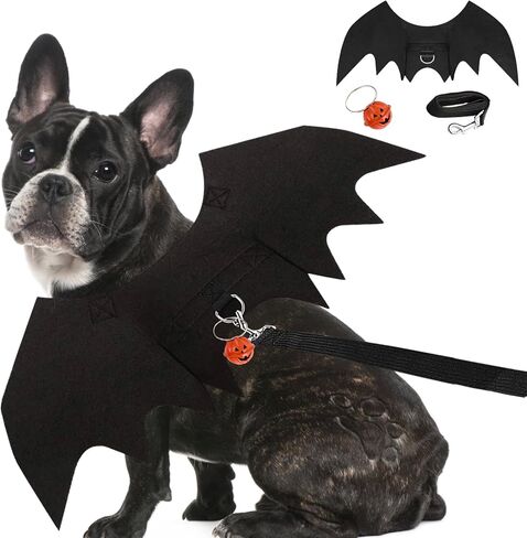 Dog Bat Wings Costume Halloween Pet Costume 3PCS Funny Cat Dog Wings with Leash Pumpkin Jingle Bell Cosplay Bat Clothes for Small Medium Large Dogs Puppy Holiday Outfit Dress (Bat Wings, Medium) in Kuwait