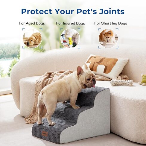 Dog Stairs for Small Dogs - Pet Stairs for Couch and Bed, 35D Foam Dog Steps with Non-Slip Bottom Dog Ramp Grey, 3 Steps in Kuwait