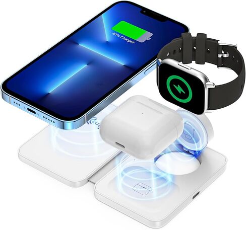 3 in 1 Wireless Charging Station Wireless Charger with Foldable Magnetic Induction Wireless Charging for Mobile Phones That Support for iPhone for Samsung for Huawei for iWatch for Airpods in Kuwait