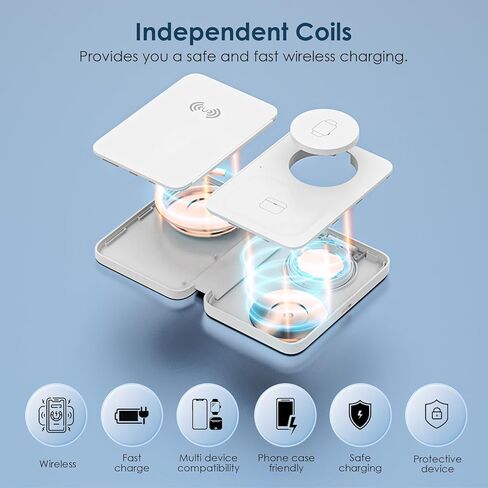 3 in 1 Wireless Charging Station Wireless Charger with Foldable Magnetic Induction Wireless Charging for Mobile Phones That Support for iPhone for Samsung for Huawei for iWatch for Airpods in Kuwait