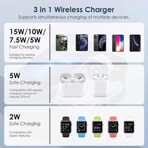3 in 1 Wireless Charging Station Wireless Charger with Foldable Magnetic Induction Wireless Charging for Mobile Phones That Support for iPhone for Samsung for Huawei for iWatch for Airpods in Kuwait