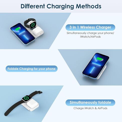 3 in 1 Wireless Charging Station Wireless Charger with Foldable Magnetic Induction Wireless Charging for Mobile Phones That Support for iPhone for Samsung for Huawei for iWatch for Airpods in Kuwait