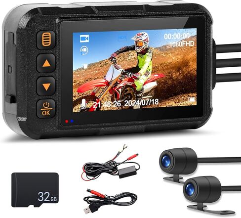 CAMECHO Motorcycle Dash Cam Front and Rear, IP67 Waterpoorf Dual Dash Camera with 32GB Card, 3" HD Car Camera with G-Sensor, Night Vision, Loop Recording, Dashcam for Motorbike, Motorsports in Saudi Arabia