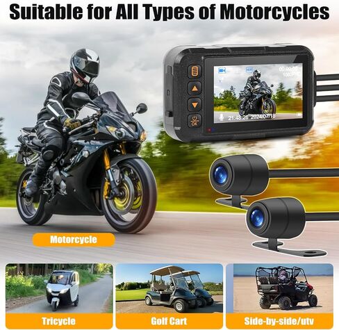 CAMECHO Motorcycle Dash Cam Front and Rear, IP67 Waterpoorf Dual Dash Camera with 32GB Card, 3" HD Car Camera with G-Sensor, Night Vision, Loop Recording, Dashcam for Motorbike, Motorsports in Saudi Arabia
