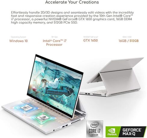 ConceptD 3 Ezel CC314-72G-72SX Convertible Creator Laptop, Intel i7-10750H, GeForce GTX 1650, 14-inch FHD IPS with Gorilla Glass, PANTONE Validated, 100% sRGB, 16GB DDR4, 512GB NVMe SSD, Pen (Renewed) in Saudi Arabia