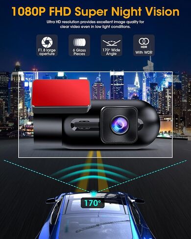 【2024 WiFi Dash Cam】 Dash Cam WiFi 1080P Car Dsahcam Front APP Control 170 زاوية واسعة كاميرا سيارة لاسلكية مع بطاقة SD 32G G-Sensor Loop Recording WDR رؤية ليلية فائقة in Kuwait