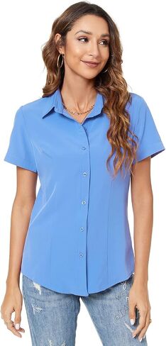 JMSHIHUA Womens Short Sleeve Button Down Shirts Official Collar Blouse Basic Simple Dress Shirt in Kuwait