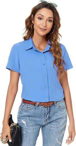 JMSHIHUA Womens Short Sleeve Button Down Shirts Official Collar Blouse Basic Simple Dress Shirt in Kuwait