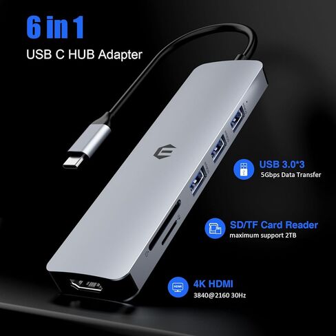 Tiergrade USB C Hub Adapter, 6 in 1 USB C Hub with 4K HDMI Output, 3 USB-A 3.0, SD&TF Card Slot, USB C Multiport Adapter Compatible with MacBook/iPad Pro/HP/Dell/Surface/Chromebook and More in Kuwait