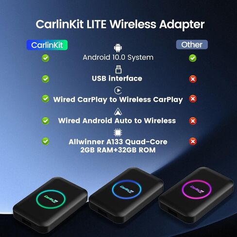 محول Android Box CarlinKit اللاسلكي CarPlay. سهل التشغيل، التوصيل والتشغيل، تحويل السلك إلى لاسلكي، دعم مقاطع الفيديو Netflix، YouTube، إلخ، نظام Android 3 في 1 CarPlay Android Auto Dongle(LITE) in Kuwait