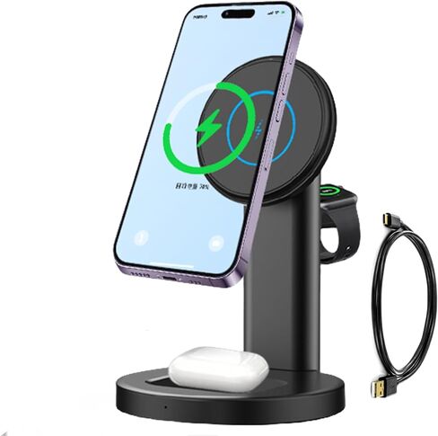 محطة شحن لاسلكية لشاحن Apple، حامل شاحن مغناطيسي سريع 15 وات 3 في 1 لهاتف iPhone 15 14 13 12 سلسلة Apple Watch AirPods أجهزة متعددة، زاوية قابلة للتعديل، هدايا (أسود) in Kuwait