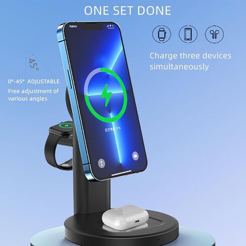 محطة شحن لاسلكية لشاحن Apple، حامل شاحن مغناطيسي سريع 15 وات 3 في 1 لهاتف iPhone 15 14 13 12 سلسلة Apple Watch AirPods أجهزة متعددة، زاوية قابلة للتعديل، هدايا (أسود) in Kuwait