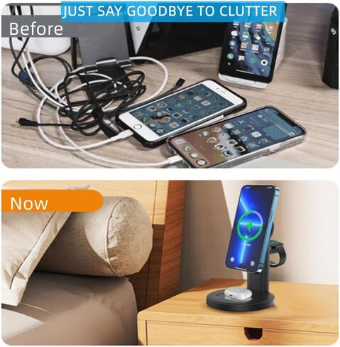 محطة شحن لاسلكية لشاحن Apple، حامل شاحن مغناطيسي سريع 15 وات 3 في 1 لهاتف iPhone 15 14 13 12 سلسلة Apple Watch AirPods أجهزة متعددة، زاوية قابلة للتعديل، هدايا (أسود) in Kuwait