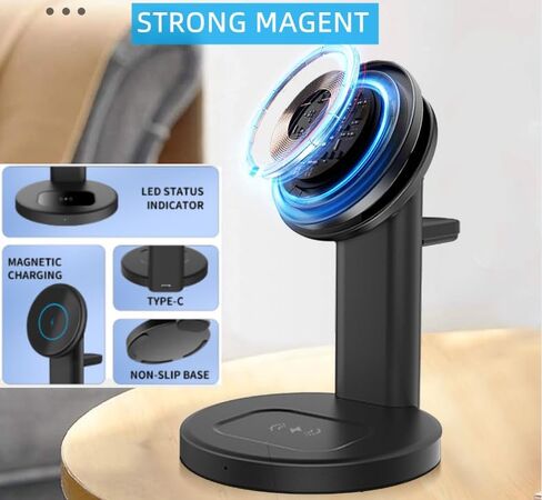 محطة شحن لاسلكية لشاحن Apple، حامل شاحن مغناطيسي سريع 15 وات 3 في 1 لهاتف iPhone 15 14 13 12 سلسلة Apple Watch AirPods أجهزة متعددة، زاوية قابلة للتعديل، هدايا (أسود) in Kuwait