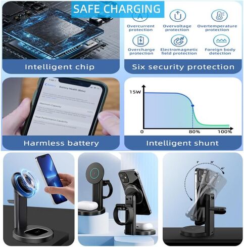 محطة شحن لاسلكية لشاحن Apple، حامل شاحن مغناطيسي سريع 15 وات 3 في 1 لهاتف iPhone 15 14 13 12 سلسلة Apple Watch AirPods أجهزة متعددة، زاوية قابلة للتعديل، هدايا (أسود) in Kuwait